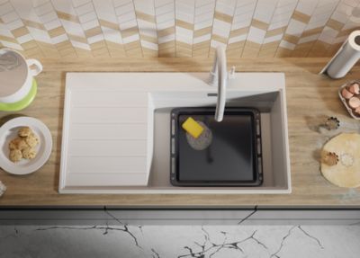 PRIMAGRAN Evier Cuisine en Granit Blanc 90x50cm, Lavabo 1 bac + Kit de Vidage, Évier à Encastrer au meuble 60cm - Sydney