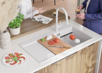 PRIMAGRAN Evier Cuisine en Granit Blanc 90x50cm, Lavabo 1 bac + Kit de Vidage, Évier à Encastrer au meuble 60cm - Sydney
