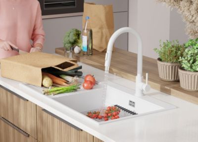 PRIMAGRAN Evier Cuisine en Granit Blanc 90x50cm, Lavabo 1 bac + Kit de Vidage, Évier à Encastrer au meuble 60cm - Sydney