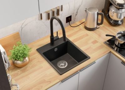 PRIMAGRAN Evier Cuisine en Granit Graphite 38x44cm, Lavabo 1 bac + Kit de Vidage, Évier à Encastrer au meuble 40cm - Riga Easy
