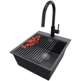 PRIMAGRAN Evier Cuisine en Granit Graphite 43x50cm, 1 bac + Kit de Vidage + Robinet 40x22cm, Évier au meuble 45cm - Oslo