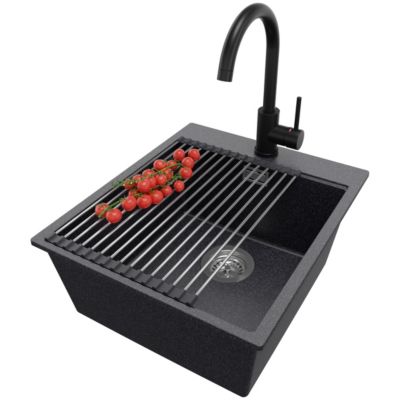 PRIMAGRAN Evier Cuisine en Granit Graphite 43x50cm, Lavabo 1 bac + Kit de Vidage + Accessoires, Évier à Encastrer au meuble 45cm