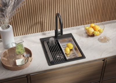 PRIMAGRAN Evier Cuisine en Granit Graphite 43x50cm, Lavabo 1 bac + Kit de Vidage + Accessoires, Évier à Encastrer au meuble 45cm