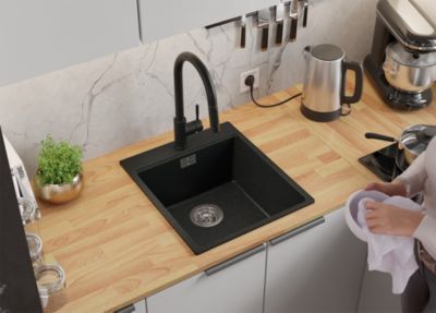 PRIMAGRAN Evier Cuisine en Granit Graphite 43x50cm, Lavabo 1 bac + Kit de Vidage + Accessoires, Évier à Encastrer au meuble 45cm