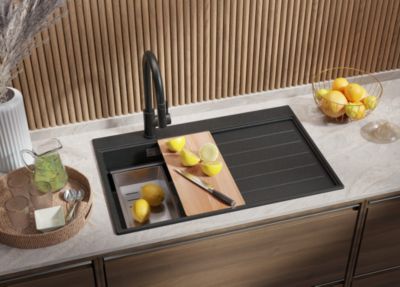 PRIMAGRAN Evier Cuisine en Granit Graphite 78x50cm, Lavabo 1 bac + Kit de Vidage + Accessoires, Évier à Encastrer au meuble 45cm