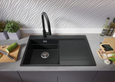 PRIMAGRAN Evier Cuisine en Granit Graphite 78x50cm, Lavabo 1 bac + Kit de Vidage + Accessoires, Évier à Encastrer au meuble 45cm