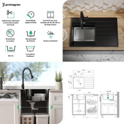 PRIMAGRAN Evier Cuisine en Granit Graphite 78x50cm, Lavabo 1 bac + Kit de Vidage + Accessoires, Évier à Encastrer au meuble 45cm