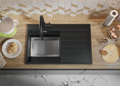 PRIMAGRAN Evier Cuisine en Granit Graphite 78x50cm, Lavabo 1 bac + Kit de Vidage + Accessoires, Évier à Encastrer au meuble 45cm