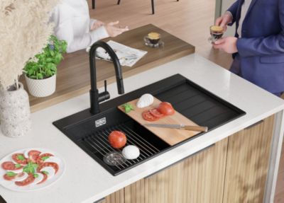 PRIMAGRAN Evier Cuisine en Granit Graphite 78x50cm, Lavabo 1 bac + Kit de Vidage + Accessoires, Évier à Encastrer au meuble 45cm