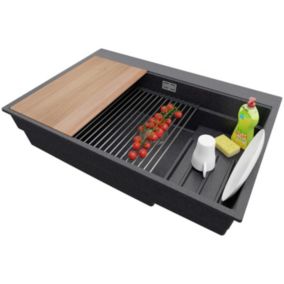 PRIMAGRAN Evier Cuisine en Granit Graphite 78x53cm, 1 bac + Kit de Vidage, Évier au meuble 80cm - Oslo Max