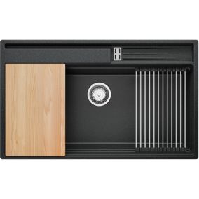 PRIMAGRAN Evier Cuisine en Granit Graphite 88x53cm, 1 bac + Kit de Vidage, Évier au meuble 90cm - Oslo Pocket