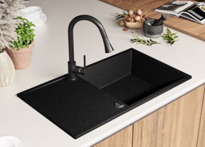 PRIMAGRAN Evier Cuisine en Granit Graphite 90x50cm, Lavabo 1 bac + Kit de Vidage, Évier à Encastrer au meuble 60cm - Ibiza