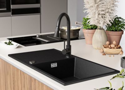 PRIMAGRAN Evier Cuisine en Granit Graphite 90x50cm, Lavabo 1 bac + Kit de Vidage, Évier à Encastrer au meuble 60cm - Ibiza