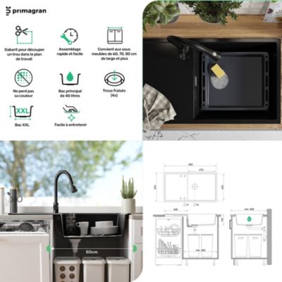 PRIMAGRAN Evier Cuisine en Granit Graphite 90x50cm, Lavabo 1 bac + Kit de Vidage, Évier à Encastrer au meuble 60cm - Ibiza