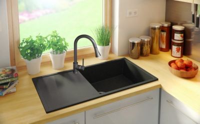 PRIMAGRAN Evier Cuisine en Granit Graphite 90x50cm, Lavabo 1 bac + Kit de Vidage, Évier à Encastrer au meuble 60cm - Ibiza