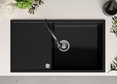 PRIMAGRAN Evier Cuisine en Granit Graphite 90x50cm, Lavabo 1 bac + Kit de Vidage, Évier à Encastrer au meuble 60cm - Ibiza