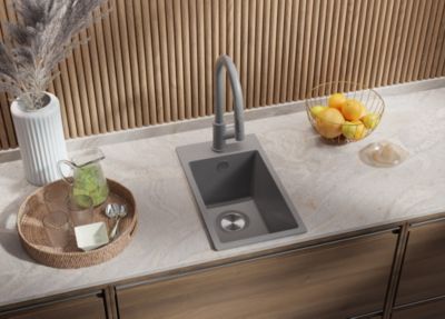 PRIMAGRAN Evier Cuisine en Granit Gris 28x50cm, Lavabo 1 bac + Kit de Vidage, Évier à Encastrer au meuble 30cm - Riga