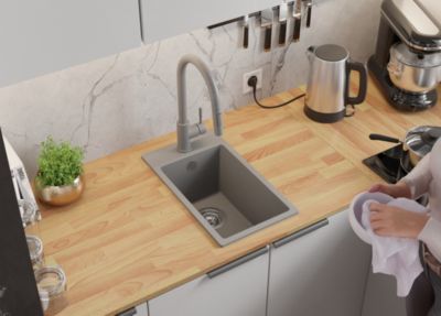 PRIMAGRAN Evier Cuisine en Granit Gris 28x50cm, Lavabo 1 bac + Kit de Vidage, Évier à Encastrer au meuble 30cm - Riga