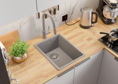 PRIMAGRAN Evier Cuisine en Granit Gris 36x47cm, Lavabo 1 bac + Kit de Vidage, Évier à Encastrer au meuble 40cm - London Slim