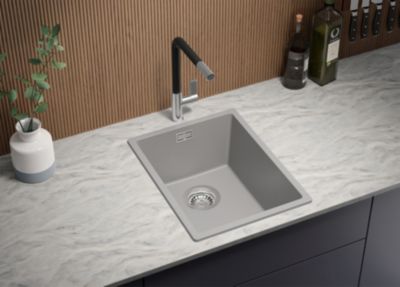 PRIMAGRAN Evier Cuisine en Granit Gris 36x47cm, Lavabo 1 bac + Kit de Vidage, Évier à Encastrer au meuble 40cm - London Slim