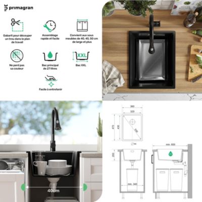 PRIMAGRAN Evier Cuisine en Granit Gris 36x47cm, Lavabo 1 bac + Kit de Vidage, Évier à Encastrer au meuble 40cm - London Slim