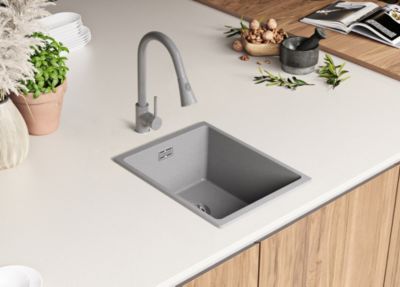 PRIMAGRAN Evier Cuisine en Granit Gris 36x47cm, Lavabo 1 bac + Kit de Vidage, Évier à Encastrer au meuble 40cm - London Slim