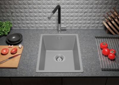 PRIMAGRAN Evier Cuisine en Granit Gris 36x47cm, Lavabo 1 bac + Kit de Vidage, Évier à Encastrer au meuble 40cm - London Slim