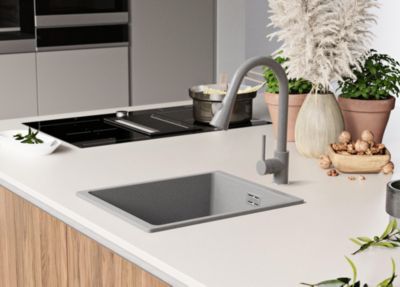 PRIMAGRAN Evier Cuisine en Granit Gris 36x47cm, Lavabo 1 bac + Kit de Vidage, Évier à Encastrer au meuble 40cm - London Slim