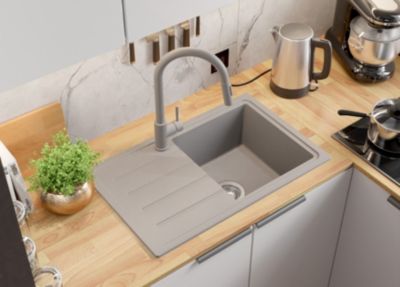 PRIMAGRAN Evier Cuisine en Granit Gris 70x44cm, Lavabo 1 bac + Kit de Vidage, Évier à Encastrer au meuble 45cm - Copenhague Easy