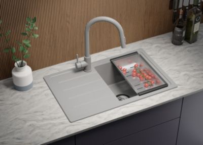 PRIMAGRAN Evier Cuisine en Granit Gris 70x44cm, Lavabo 1 bac + Kit de Vidage, Évier à Encastrer au meuble 45cm - Copenhague Easy