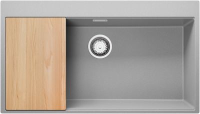 PRIMAGRAN Evier Cuisine en Granit Gris 88x50cm, Lavabo 1 bac + Kit de Vidage + Accessoires, Évier à Encastrer au meuble 90cm