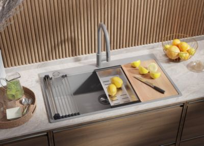 PRIMAGRAN Evier Cuisine en Granit Gris 88x50cm, Lavabo 1 bac + Kit de Vidage + Accessoires, Évier à Encastrer au meuble 90cm