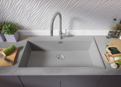 PRIMAGRAN Evier Cuisine en Granit Gris 88x50cm, Lavabo 1 bac + Kit de Vidage + Accessoires, Évier à Encastrer au meuble 90cm