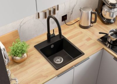 PRIMAGRAN Evier Cuisine en Granit Noir 38x44cm, Lavabo 1 bac + Kit de Vidage, Évier à Encastrer au meuble 40cm - Riga Easy