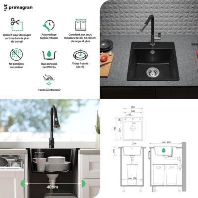 PRIMAGRAN Evier Cuisine en Granit Noir 38x44cm, Lavabo 1 bac + Kit de Vidage, Évier à Encastrer au meuble 40cm - Riga Easy