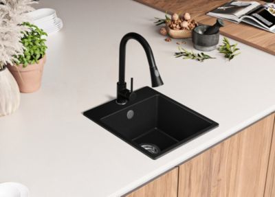 PRIMAGRAN Evier Cuisine en Granit Noir 38x44cm, Lavabo 1 bac + Kit de Vidage, Évier à Encastrer au meuble 40cm - Riga Easy