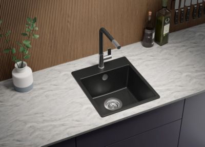 PRIMAGRAN Evier Cuisine en Granit Noir 38x44cm, Lavabo 1 bac + Kit de Vidage, Évier à Encastrer au meuble 40cm - Riga Easy