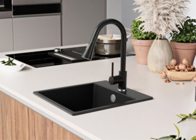 PRIMAGRAN Evier Cuisine en Granit Noir 38x44cm, Lavabo 1 bac + Kit de Vidage, Évier à Encastrer au meuble 40cm - Riga Easy