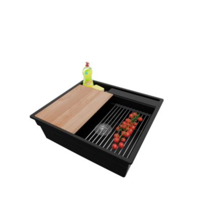 PRIMAGRAN Evier Cuisine en Granit Noir 58x53cm, Lavabo 1 bac + Kit de Vidage + Accessoires, Évier à Encastrer au meuble 60cm