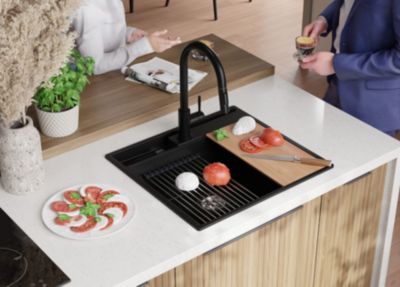 PRIMAGRAN Evier Cuisine en Granit Noir 58x53cm, Lavabo 1 bac + Kit de Vidage + Accessoires, Évier à Encastrer au meuble 60cm