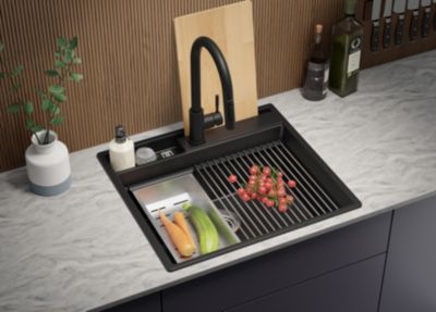 PRIMAGRAN Evier Cuisine en Granit Noir 58x53cm, Lavabo 1 bac + Kit de Vidage + Accessoires, Évier à Encastrer au meuble 60cm
