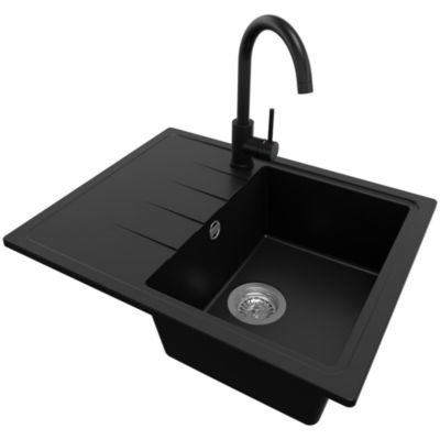 PRIMAGRAN Evier Cuisine en Granit Noir 62x50cm, Lavabo 1 bac + Kit de Vidage + Accessoires, Évier à Encastrer au meuble 40cm