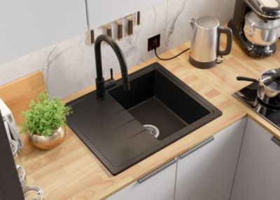 PRIMAGRAN Evier Cuisine en Granit Noir 62x50cm, Lavabo 1 bac + Kit de Vidage, Évier à Encastrer au meuble 40cm - Milan