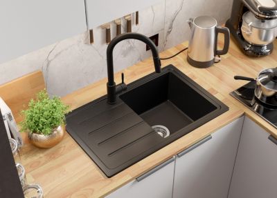 PRIMAGRAN Evier Cuisine en Granit Noir 70x44cm, Lavabo 1 bac + Kit de Vidage, Évier à Encastrer au meuble 45cm - Copenhague Easy