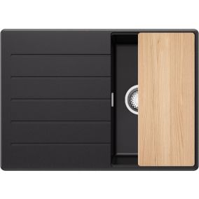 PRIMAGRAN Evier Cuisine en Granit Noir 70x50cm, 1 bac + Kit de Vidage + Accessoires, Évier au meuble 40cm - Copenhague
