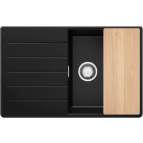 PRIMAGRAN Evier Cuisine en Granit Noir 78x50cm, 1 bac + Kit de Vidage + Accessoires, Évier au meuble 50cm - Copenhague