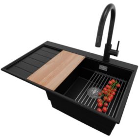 PRIMAGRAN Evier Cuisine en Granit Noir 78x50cm, 1 bac + Kit de Vidage + Robinet 40x22cm, Évier au meuble 45cm - Sydney
