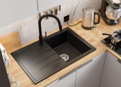 PRIMAGRAN Evier Cuisine en Granit Noir 78x50cm, Lavabo 1 bac + Kit de Vidage, Évier à Encastrer au meuble 45cm - Milan