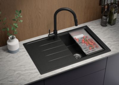 PRIMAGRAN Evier Cuisine en Granit Noir 78x50cm, Lavabo 1 bac + Kit de Vidage, Évier à Encastrer au meuble 45cm - Milan