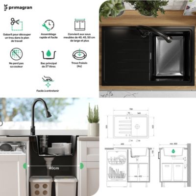 PRIMAGRAN Evier Cuisine en Granit Noir 78x50cm, Lavabo 1 bac + Kit de Vidage, Évier à Encastrer au meuble 45cm - Milan
